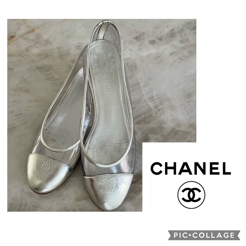 CHANEL Silver Leather Slingback Flats